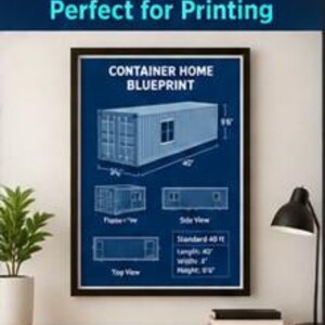 May include: A framed blueprint poster titled CONTAINER HOME BLUEPRINT featuring a 40 ft shipping container with isometric, side, and top views. The text includes dimensions of 40 ft length, 8 ft width, and 9 ft 6 in height on a dark blue background.