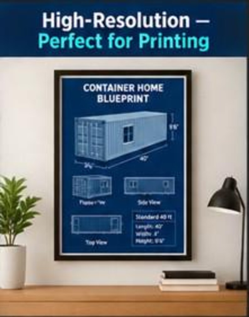 May include: A framed blueprint poster titled CONTAINER HOME BLUEPRINT featuring a 40 ft shipping container with isometric, side, and top views. The text includes dimensions of 40 ft length, 8 ft width, and 9 ft 6 in height on a dark blue background.