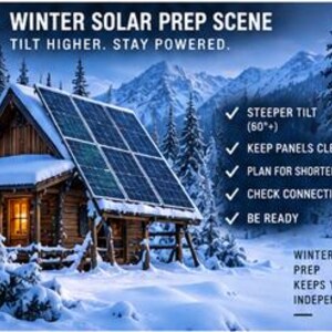 May include: A wooden cabin in a snowy mountain landscape with solar panels on the roof. Text reads: 8. WINTER SOLAR PREP SCENE, TILT HIGHER. STAY POWERED. STEEPER TILT (60&deg;+), KEEP PANELS CLEAR, PLAN FOR SHORTER DAYS, CHECK CONNECTIONS, BE READY, WINTER PREP KEEPS YOU INDEPENDENT.