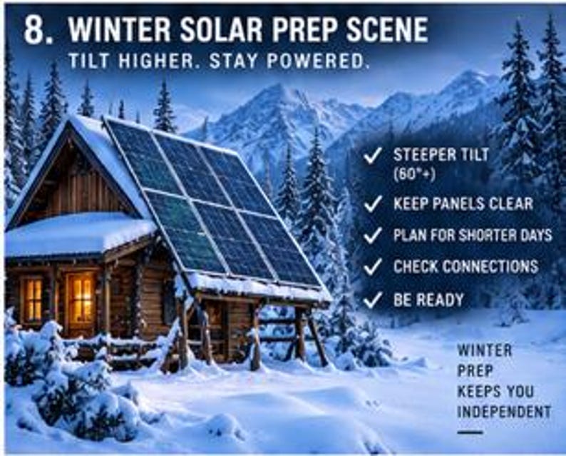 May include: A wooden cabin in a snowy mountain landscape with solar panels on the roof. Text reads: 8. WINTER SOLAR PREP SCENE, TILT HIGHER. STAY POWERED. STEEPER TILT (60&deg;+), KEEP PANELS CLEAR, PLAN FOR SHORTER DAYS, CHECK CONNECTIONS, BE READY, WINTER PREP KEEPS YOU INDEPENDENT.