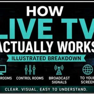 May include: A digital infographic titled HOW LIVE TV ACTUALLY WORKS ILLUSTRATED BREAKDOWN by EVL EcoVolt Media. It features icons for newsrooms, control rooms, broadcast signals, and screens, with the text CLEAR. VISUAL. EASY TO UNDERSTAND.