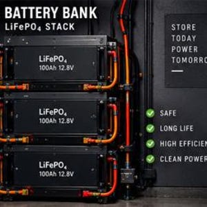 May include: A black LiFePO4 battery bank stack consisting of three 100Ah 12.8V units connected by orange cables. Text reads: 2. BATTERY BANK LiFePO4 STACK, STORE TODAY POWER TOMORROW, SAFE, LONG LIFE, HIGH EFFICIENCY, and CLEAN POWER.