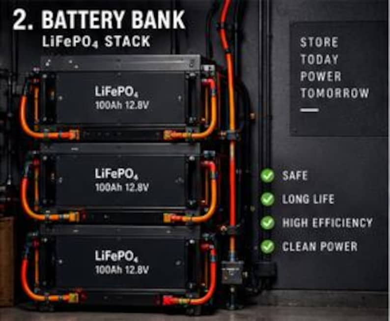 May include: A black LiFePO4 battery bank stack consisting of three 100Ah 12.8V units connected by orange cables. Text reads: 2. BATTERY BANK LiFePO4 STACK, STORE TODAY POWER TOMORROW, SAFE, LONG LIFE, HIGH EFFICIENCY, and CLEAN POWER.