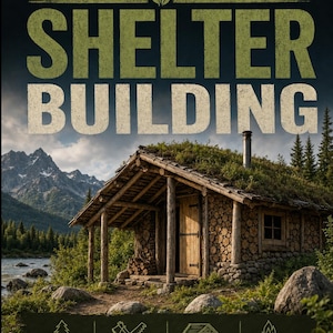 May include: A book cover titled OFF-GRID SHELTER BUILDING by EcoVolt Living Press! featuring a wooden cabin with a grass roof, a chimney, and a log-stacked wall. The cover includes icons for natural materials, practical skills, simple designs, and self-reliant living.