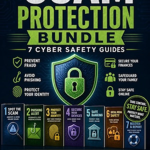 Puede incluir: Una imagen que promociona un "Scam Protection Bundle" con siete guías de ciberseguridad. La imagen presenta un escudo con un candado e iconos que representan temas como la prevención del fraude y la seguridad financiera. El texto incluye "Consejos prácticos" y "Fácil de seguir."