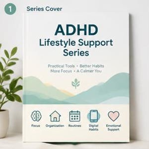 Puede incluir: Una portada de libro titulada ADHD Lifestyle Support Series con el subtítulo Practical Tools, Better Habits, More Focus, A Calmer You. El diseño presenta una ilustración de paisaje montañoso, un icono de hoja pequeña y cinco iconos para Focus, Organization, Routines, Digital Habits y Emotional Support.