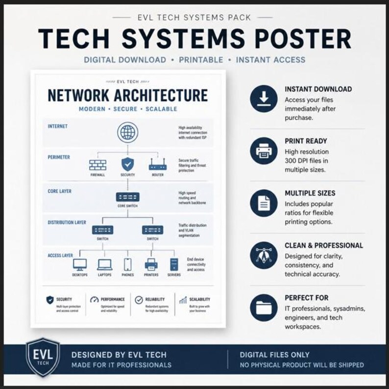 May include: A digital poster titled EVL Tech Systems Pack Network Architecture featuring a hierarchical diagram of internet, perimeter, core, distribution, and access layers with icons for firewalls, routers, switches, and various end devices.