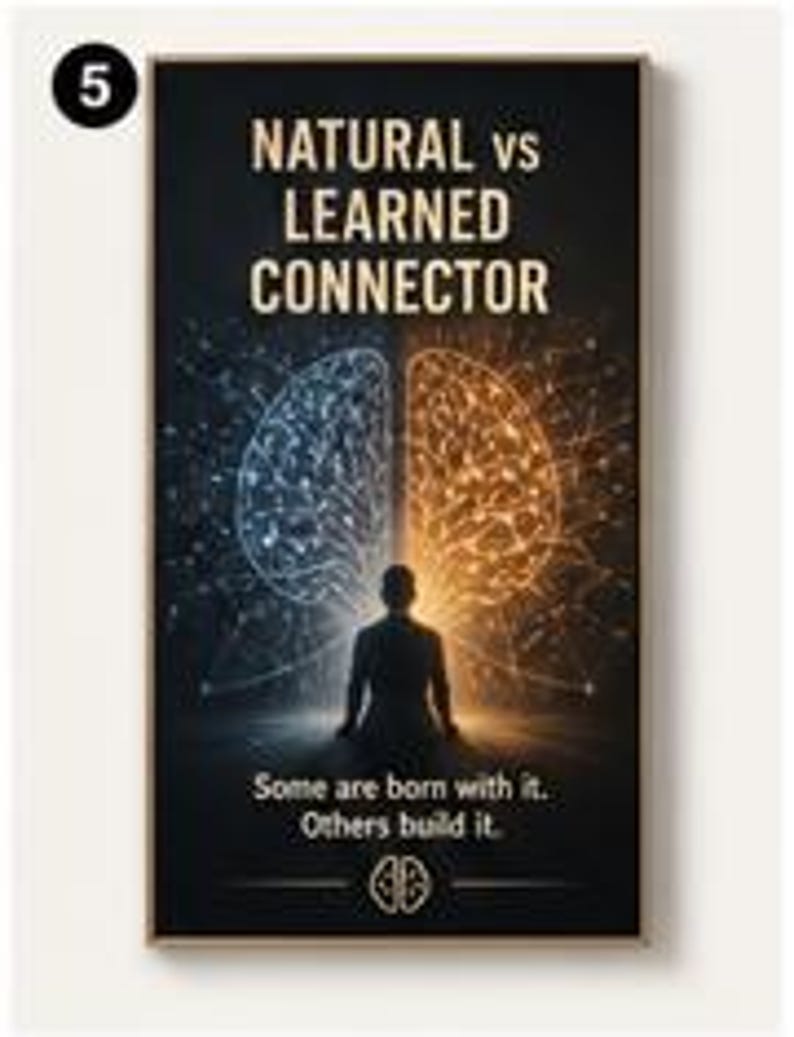 May include: A rectangular poster featuring the text NATURAL vs LEARNED CONNECTOR at the top and Some are born with it. Others build it. at the bottom. A silhouette of a person sits between two brain illustrations, one blue and one orange.