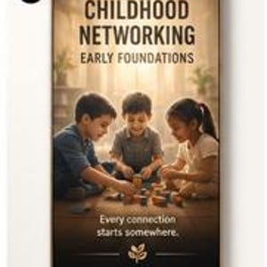 May include: A rectangular poster featuring three children playing with wooden blocks on the floor. The text reads CHILDHOOD NETWORKING EARLY FOUNDATIONS and Every connection starts somewhere. A small plant icon is centred at the bottom.