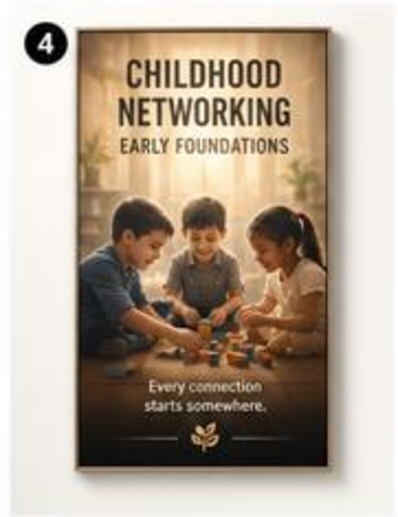 May include: A rectangular poster featuring three children playing with wooden blocks on the floor. The text reads CHILDHOOD NETWORKING EARLY FOUNDATIONS and Every connection starts somewhere. A small plant icon is centred at the bottom.