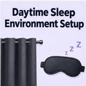 May include: A black sleep mask with an elastic strap and three purple letter z icons, positioned next to a dark gray curtain hanging on a black rod. The text Daytime Sleep Environment Setup is printed in dark blue at the top of the image.