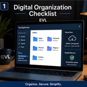 Puede incluir: Una pantalla de portátil que muestra una Digital Organization Checklist titulada My Digital Hub. La interfaz presenta carpetas para Work, Personal, Finance, Projects y Archive, junto con indicadores de estado de Cloud Sync y System Secure.