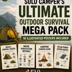 May include: A collection of 18 illustrated posters titled Solo Camper's Ultimate Outdoor Survival Mega Pack. Four posters are displayed showing Build a Survival Shelter, Water Purification Methods, Campfire Cooking Guide, and Solar Power System Basics.