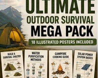 May include: A collection of 18 illustrated posters titled Solo Camper's Ultimate Outdoor Survival Mega Pack. Four posters are displayed showing Build a Survival Shelter, Water Purification Methods, Campfire Cooking Guide, and Solar Power System Basics.