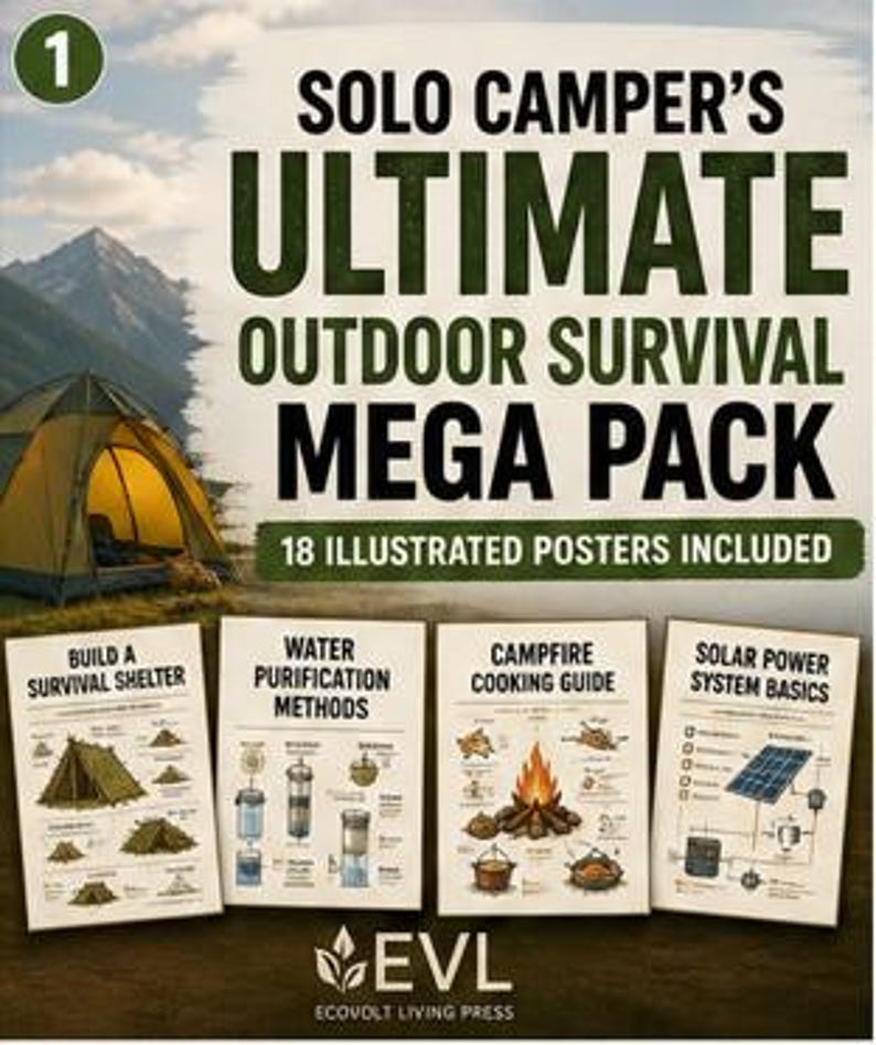 May include: A collection of 18 illustrated posters titled Solo Camper's Ultimate Outdoor Survival Mega Pack. Four posters are displayed showing Build a Survival Shelter, Water Purification Methods, Campfire Cooking Guide, and Solar Power System Basics.