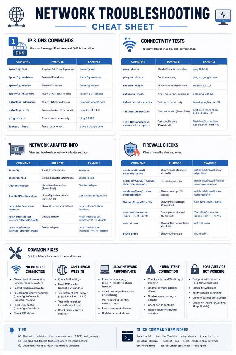 May include: A white network troubleshooting cheat sheet featuring blue headers and icons. It lists IP and DNS commands, connectivity tests, network adapter info, firewall checks, and common fixes with specific command examples and troubleshooting steps.