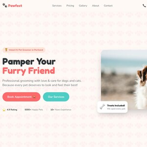 Może przedstawiać: Strona główna witryny Pawfect, usługi pielęgnacji zwierząt. Strona zawiera tekst "Pamper Your Furry Friend" i zdjęcie szczęśliwego psa. Obecne są również przyciski do rezerwacji wizyt i przeglądania usług.