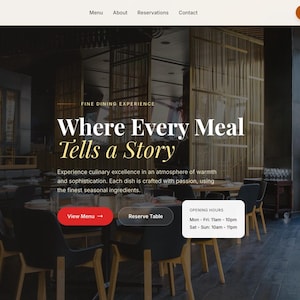 Może przedstawiać: Strona główna witryny restauracji Savora, z ciemnym, eleganckim wnętrzem. Tekst "Where Every Meal Tells a Story" jest widoczny. Widoczne są przyciski "View Menu" i "Reserve Table", a także godziny otwarcia. Tematem jest wykwintna kuchnia.