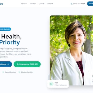 Może przedstawiać: Interfejs strony internetowej dla MediCare, z uśmiechniętą kobietą w białym fartuchu. Nagłówek strony brzmi "Your Health, Our Priority". Widoczne są przyciski "Book Appointment" i "Emergency (555) 911". Strona wyświetla również 98% satysfakcji pacjentów.
