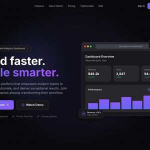 Könnte beinhalten: Dunkel gestaltete Website-Oberfläche mit dem SaaSPro-Logo und dem Text "Build faster. Scale smarter." Eine Dashboard-Übersicht zeigt Einnahmen, Benutzer und Leistungskennzahlen in Lila und Weiß. Schaltflächen laden zum "Start Free Trial" und "Watch Demo" ein.