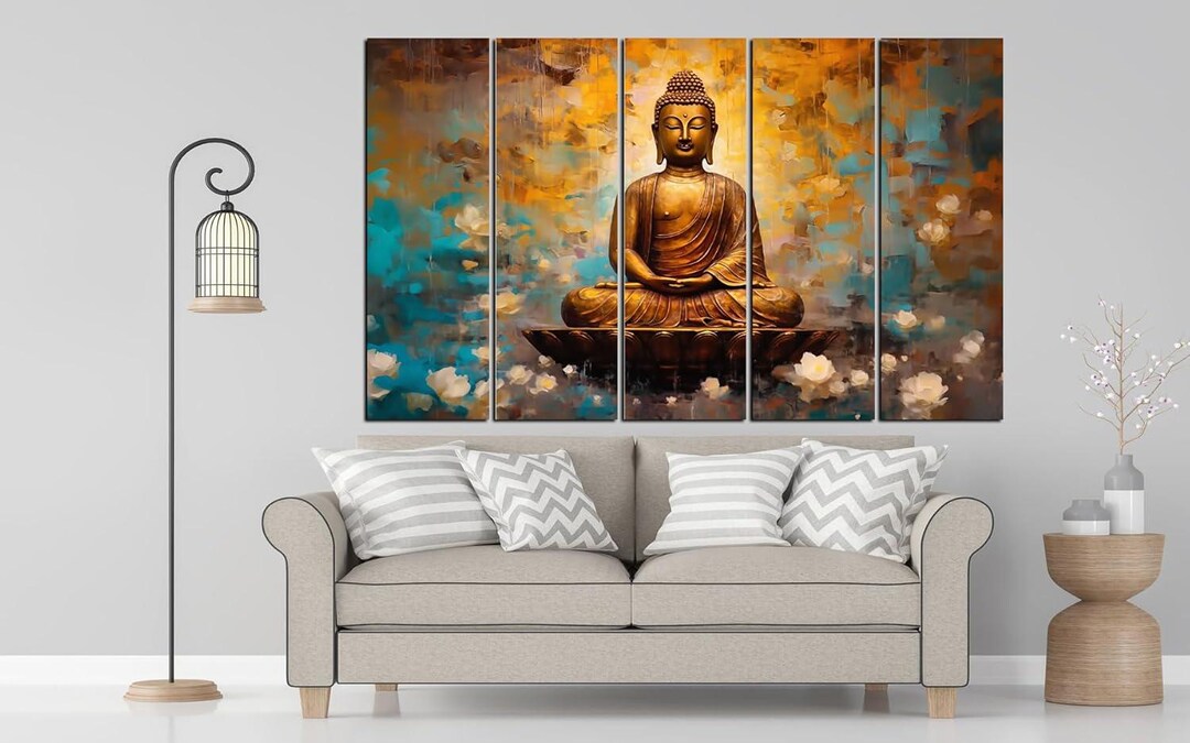 Large Buddha Wall Art Set – 5-piece Zen Wood Framed Painting by the ...