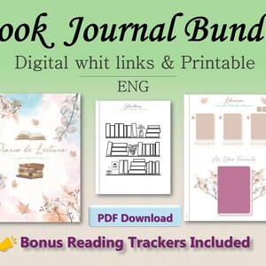 Puede incluir: Un paquete de diario de libros digitales con tres páginas imprimibles. Las páginas incluyen un registro de lectura, un diseño de estantería y una página para registrar los libros favoritos. El paquete incluye rastreadores de lectura adicionales. El texto dice "Book Journal Bundle".