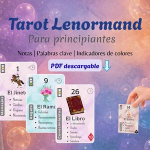 May include: A digital Tarot Lenormand guide for beginners featuring downloadable PDF cards. The cards display numbers, icons, and Spanish text including El Jinete, El Ramo, El Libro, and El Zorro, with bulleted keywords and color-coded indicators.