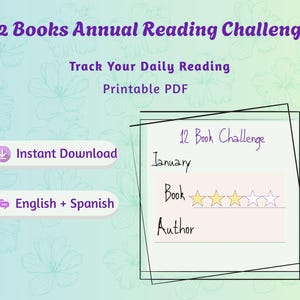 Puede incluir: Un desafío de lectura anual de 12 libros en PDF imprimible. El diseño incluye un rastreador de lectura con espacio para títulos de libros y nombres de autores, además de un sistema de calificación por estrellas. Con opciones de "Descarga instantánea" e "Inglés + Español".