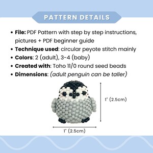 May include: A PDF pattern for a beaded penguin figure using circular peyote stitch and Toho 11/0 round seed beads. The text includes pattern details, instructions, and dimensions of 2.5cm by 2.5cm for the finished black, white, and grey beadwork.