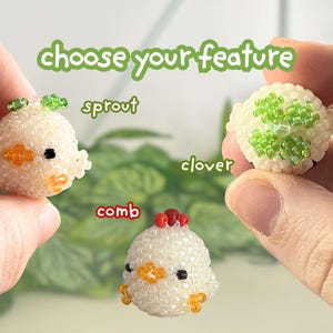 May include: Three small, round, beaded figures made of white seed beads. The text "choose your feature" appears at the top. Labels indicate "sprout" for the figure with a green top, "clover" for the one with green beads, and "comb" for the red-topped one.