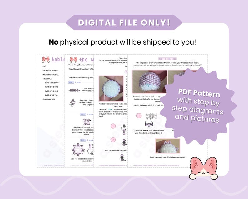 May include: A digital PDF pattern with step-by-step diagrams and pictures. The document includes instructions and illustrations. The text "DIGITAL FILE ONLY! No physical product will be shipped to you!" is displayed at the top.