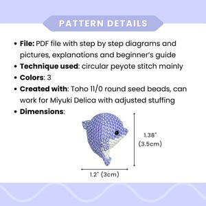 May include: A beaded dolphin figurine in shades of purple and white, crafted with Toho 11/0 round seed beads. The dolphin measures 1.2 inches (3 cm) wide and 1.38 inches (3.5 cm) tall. The image includes pattern details.