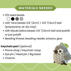 Pu&ograve; includere: Una scheda di istruzioni intitolata MATERIALS NEEDED che elenca perline 11/0, perline Toho per sfere da 2cm e 1,5cm, perline Miyuki Delica, filo, ago, forbici, colla e parti opzionali per portachiavi con un piccolo uccellino di perline.