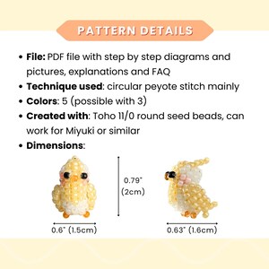 May include: A PDF pattern details card for a beaded cockatiel figure. It lists circular peyote stitch, 5 colors, and Toho 11/0 seed beads. Two views of the yellow and white beaded bird are shown with dimensions of 0.79 inches by 0.63 inches.