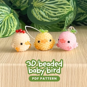 May include: Three small 3D beaded baby bird figures in white, yellow, and pink, each featuring tiny black eyes and colored beaks. The text 3D beaded baby bird PDF PATTERN is displayed in green at the bottom of the image.