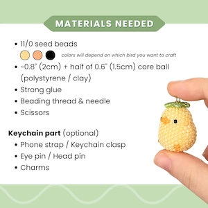 May include: A yellow beaded chick keychain with a green beaded hat is held. The image includes a list of materials needed to craft the chick, including seed beads, a 2cm core ball, glue, thread, and scissors. Text reads 'MATERIALS NEEDED'.