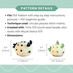 May include: A PDF pattern for beaded figures using circular peyote stitch with Toho 11/0 or Miyuki Delica 11/0 beads. Includes step-by-step instructions and a beginner guide. Dimensions shown are 0.9 inches by 1.1 inches and 0.7 inches by 0.9 inches.