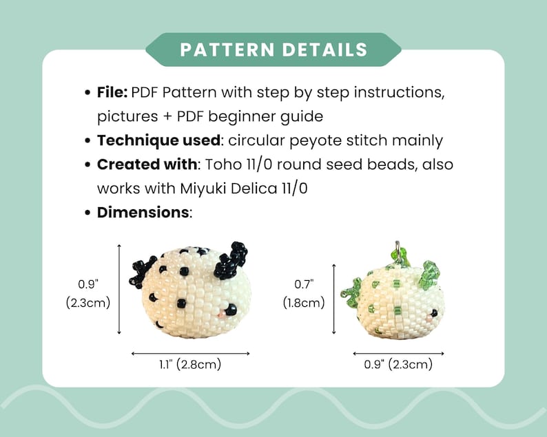 May include: A PDF pattern for beaded figures using circular peyote stitch with Toho 11/0 or Miyuki Delica 11/0 beads. Includes step-by-step instructions and a beginner guide. Dimensions shown are 0.9 inches by 1.1 inches and 0.7 inches by 0.9 inches.