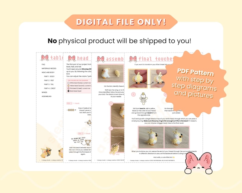 May include: A digital PDF pattern document for a beaded bird craft project. The pages feature step-by-step instructions, diagrams, and photographs of the assembly process. Text includes 'DIGITAL FILE ONLY!' and 'PDF Pattern with step by step diagrams and pictures'.