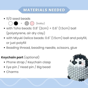 May include: A materials list for a beaded bird craft project, including 11/0 seed beads in white, black, grey, and baby pink, 2cm and 1.5cm balls, beading thread, needle, scissors, glue, and optional keychain parts like a clasp and charms.