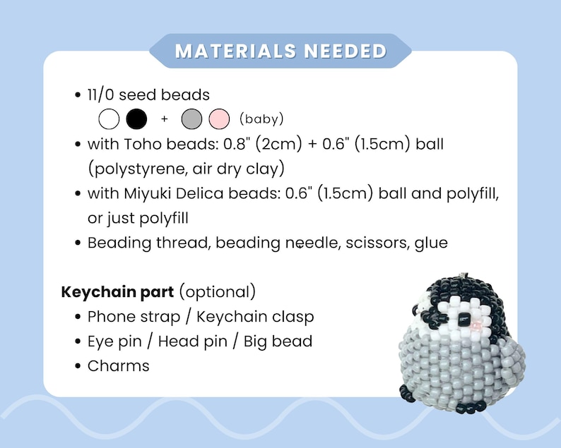 May include: A materials list for a beaded bird craft project, including 11/0 seed beads in white, black, grey, and baby pink, 2cm and 1.5cm balls, beading thread, needle, scissors, glue, and optional keychain parts like a clasp and charms.