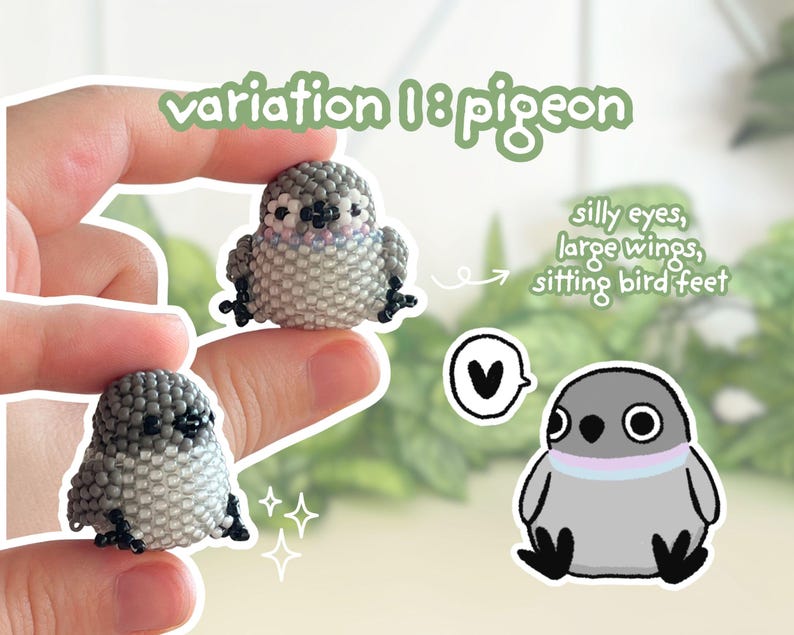 K&ouml;nnte beinhalten: Handgefertigte, perlenbesetzte Taubenfigur mit albernen Augen, gro&szlig;en Fl&uuml;geln und sitzenden Vogelf&uuml;&szlig;en. Der Text "variation 1: pigeon" ist in gr&uuml;ner Schrift. Eine Cartoon-Tauben-Illustration ist ebenfalls abgebildet.