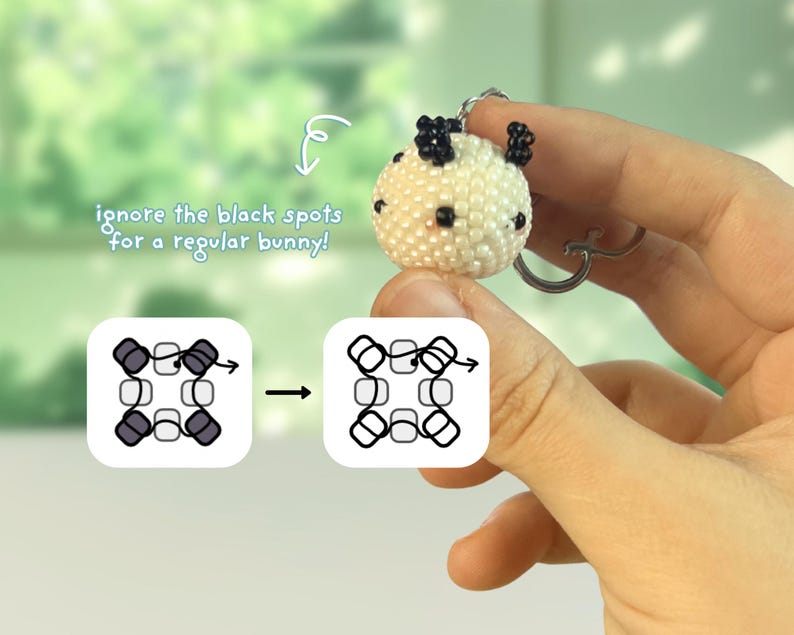 May include: A spherical beaded charm featuring a white base with black spots and small black ears, attached to a metal keyring. The image includes a diagram showing bead placement and text that reads: ignore the black spots for a regular bunny!