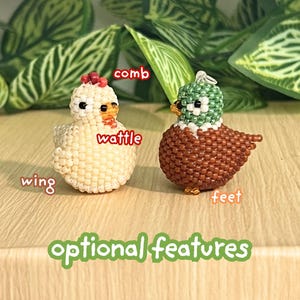 May include: Two small beaded figurines, a cream-colored chicken and a brown and green mallard duck, are displayed with text labels pointing to specific parts including comb, wattle, wing, and feet, with the text optional features below.