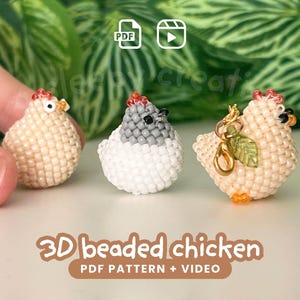 Patrón de pollo con cuentas en PDF • Tutorial de cuentas de semillas 3D / Llavero de punto peyote DIY