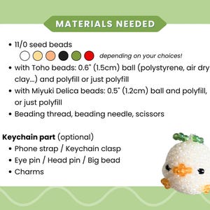 May include: An instructional graphic titled MATERIALS NEEDED listing 11/0 seed beads, a 0.6 inch ball, polyfill, beading thread, needle, scissors, and optional keychain parts. A small white beaded chick figure with orange feet and beak is shown.