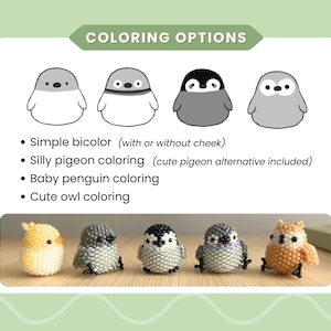 K&ouml;nnte beinhalten: Das Bild zeigt verschiedene Farboptionen f&uuml;r Vogel-Figuren aus Perlen. Die Optionen umfassen einfache zweifarbige, alberne Tauben-, Baby-Pinguin- und niedliche Eulen-Designs. Am unteren Rand des Bildes sind f&uuml;nf fertige Vogel-Figuren aus Perlen abgebildet.