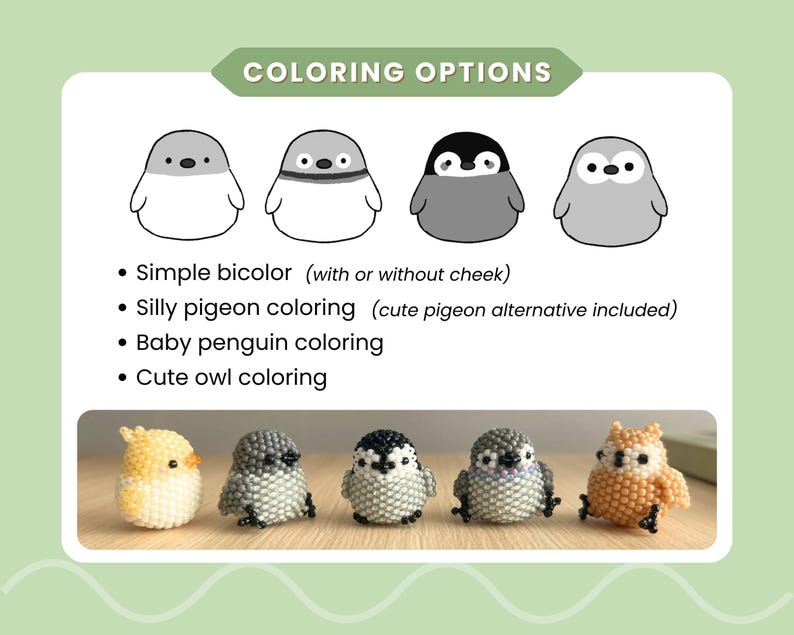K&ouml;nnte beinhalten: Das Bild zeigt verschiedene Farboptionen f&uuml;r Vogel-Figuren aus Perlen. Die Optionen umfassen einfache zweifarbige, alberne Tauben-, Baby-Pinguin- und niedliche Eulen-Designs. Am unteren Rand des Bildes sind f&uuml;nf fertige Vogel-Figuren aus Perlen abgebildet.