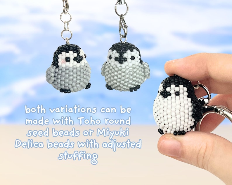 May include: Three small penguin-shaped keychains crafted from black, white, and grey seed beads. The text reads: both variations can be made with Toho round seed beads or Miyuki Delica beads with adjusted stuffing. Each keychain has a metal clasp.