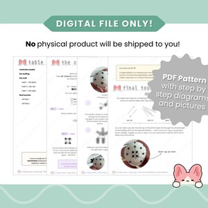 May include: A digital PDF pattern document for a craft project, featuring step-by-step instructions, diagrams, and photographs. The document includes text headers like 'table', 'the c', and 'final touches', with a pink cat icon in the corner.